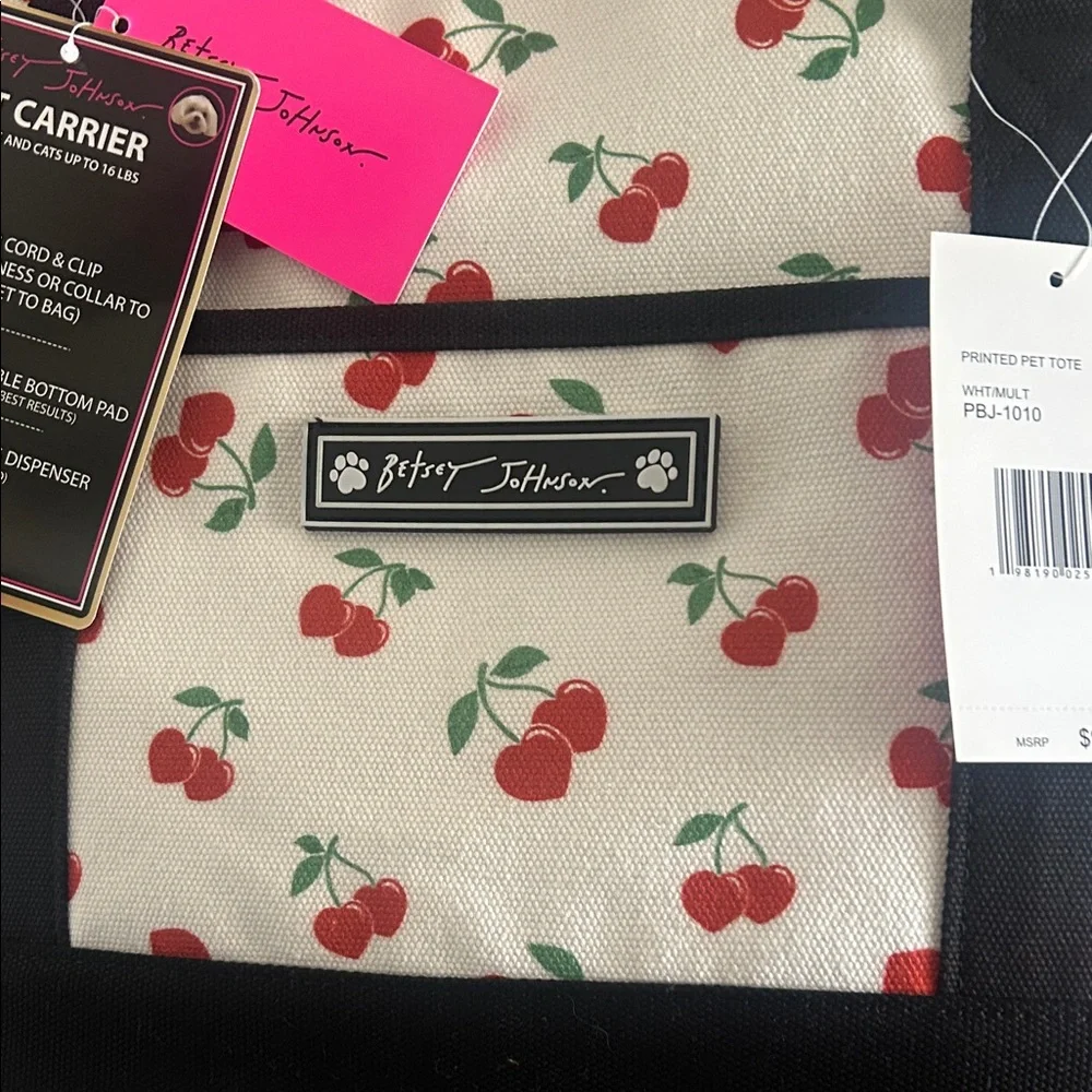 Betsey Johnson, Pet Carrier White Cherry Print Tote with Black Trim